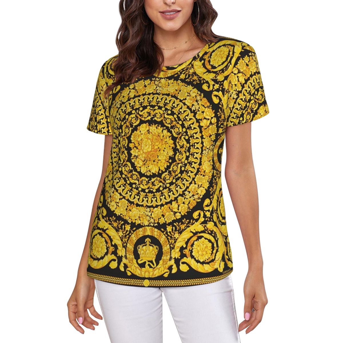Summer Clothing For 60 Year Old Woman - T-Shirt Decorativa con Medaglione Dorato in